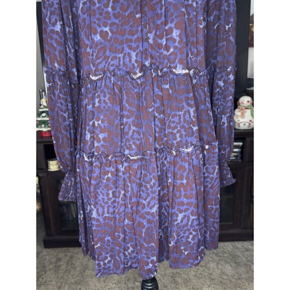 Purple Leopard Print Smocked Mini Dress Long Sleeve High Neck Peasant MEDIUM - Picture 6 of 11